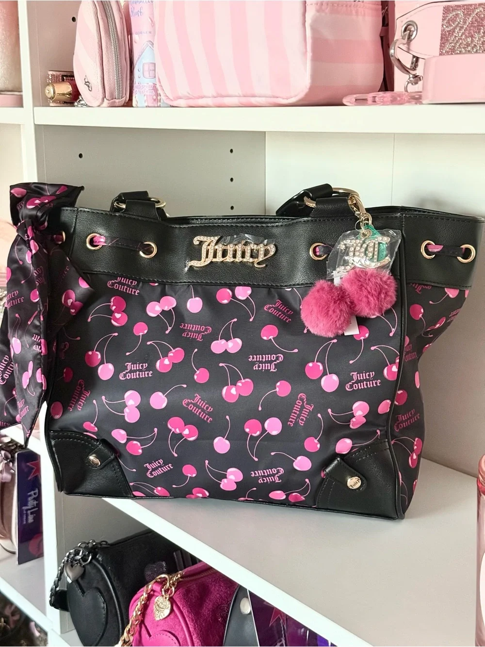 Juicy Couture “Sweet Cherry” Black Tote with Pink Cherry Print and Pom-Pom Charm